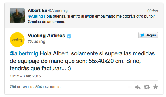 Ejemplo de Tuit de Vueling en Twitter